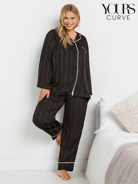Yours Curve Black Jacquard Stripe Satin Pyjamas Set (AU1603) | £33