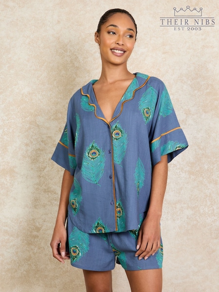 Their Nibs Navy Peacock Linen Blend Short Pyjama Set (AU1668) | £45