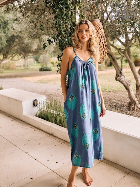 Their Nibs Navy Peacock Double Strap Linen Blend Maxi Nightie (AU1673) | £40