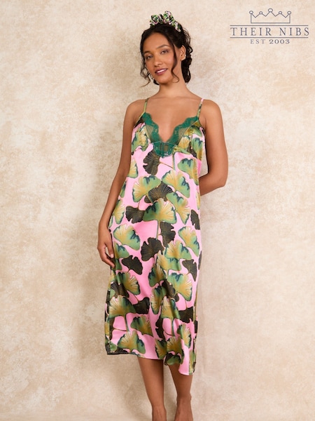 Their Nibs Pink Thirties Palms Midi Lace Satin Nightie (AU1675) | £36