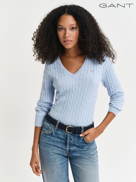 GANT Blue Stretch Cotton Cable V-Neck Jumper (AU1772) | £125