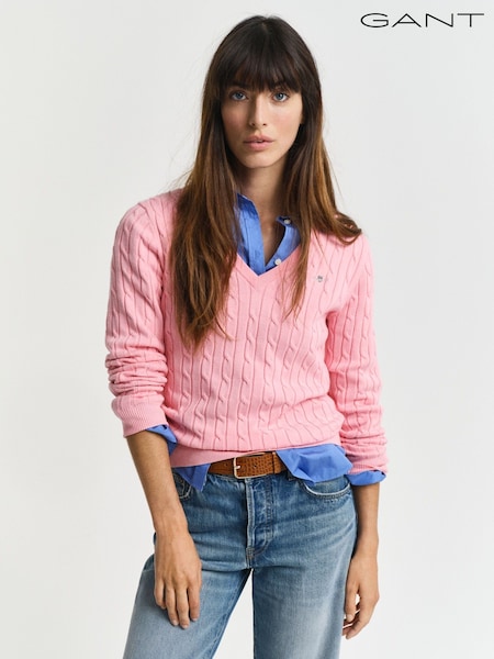 GANT Pink Stretch Cotton Cable V-Neck Jumper (AU1773) | £125