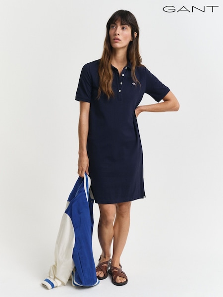 GANT Navy Shield Short Sleeve Pique 100% Cotton Polo Dress (AU1807) | £100