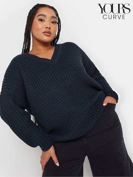 Yours Curve Blue V-Neck Waffle Jumper (AU1879) | £29