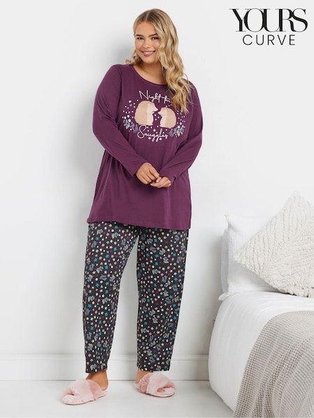 Yours Curve Purple Woodland Long Sleeve Wide Leg Pyjamas Set (AU1897) | £30