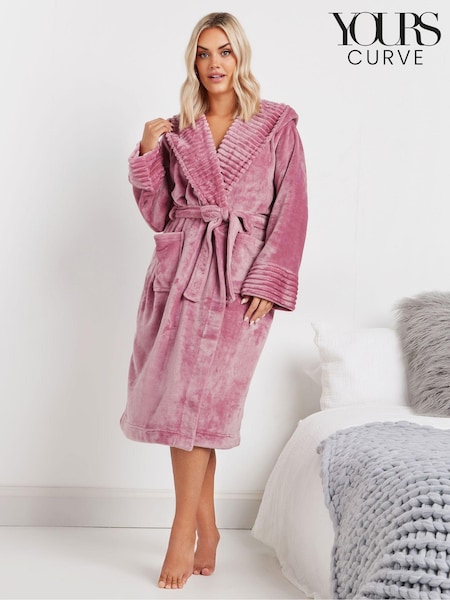Yours Curve Pink Ribbed Trim Hooded Robe (AU1905) | £34