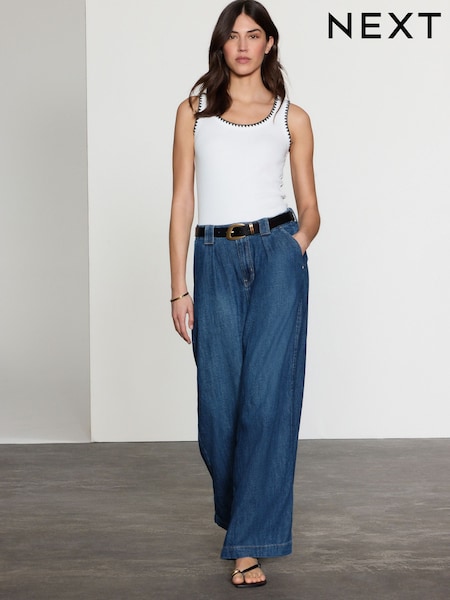 Dark Blue Linen Blend Wide Leg Denim Trousers (AU1944) | £48