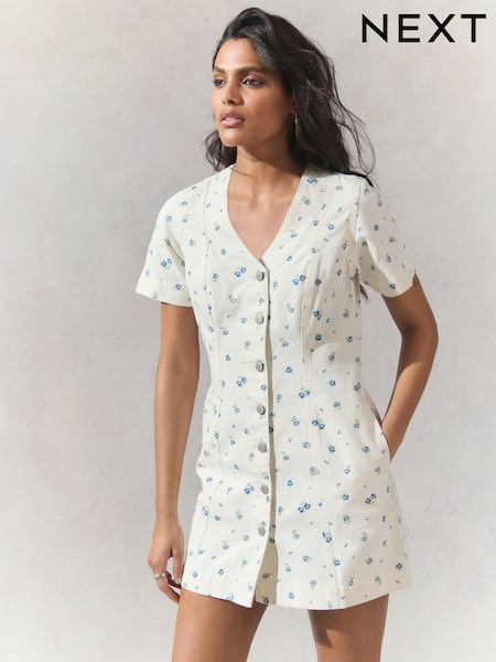 Ecru Floral Print V-Neck 100% Cotton Denim Dress (AU1988) | £38