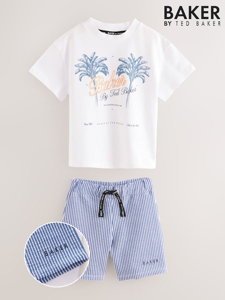 Baker by Ted Baker Graphic White T-Shirt and Blue Stripe Shorts set (AU1996) | £28 - £31