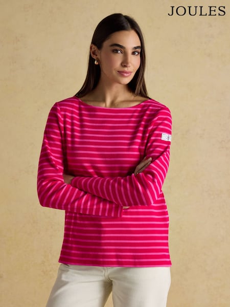 Joules Harbour Red/Pink Boat Neck Long Sleeve Breton Stripe Top (AU2042) | £29