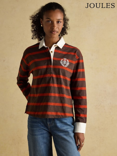 Joules Lara Burnt Orange & Brown Stripe Boxy Fit Rugby Shirt (AU2081) | £60