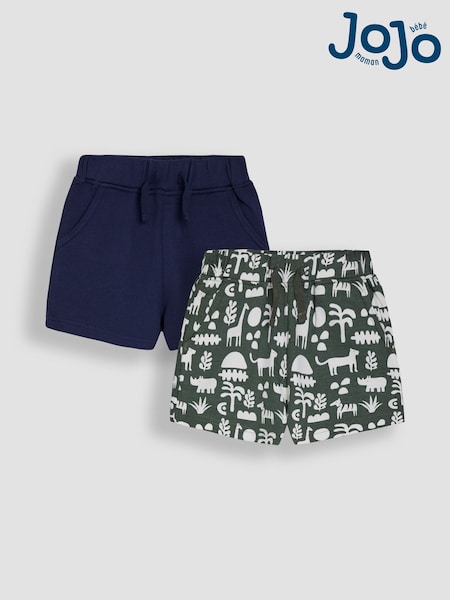 JoJo Maman Bébé Khaki Green Safari & Navy Blue 2-Pack Printed & Plain Shorts (AU2097) | £19 - £22