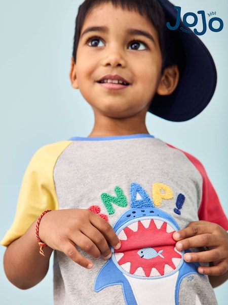 JoJo Maman Bébé Marl Grey Shark Interactive Appliqué T-Shirt (AU2099) | £16 - £19