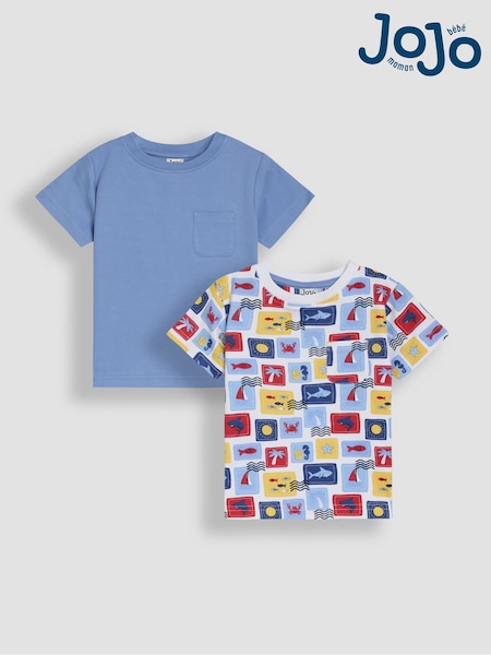 JoJo Maman Bébé White Seaside 2-Pack Printed & Plain T-Shirts (AU2209) | £20 - £23
