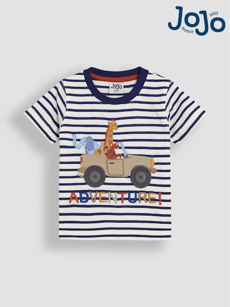 JoJo Maman Bébé Ecru Navy Stripe Safari Appliqué T-Shirt (AU2211) | £16 - £18