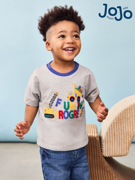 JoJo Maman Bébé Marl Grey Construction Appliqué T-Shirt (AU2223) | £17 - £20