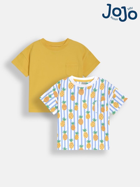 JoJo Maman Bébé Yellow Pineapple 2-Pack Printed & Plain T-Shirts (AU2224) | £20 - £23