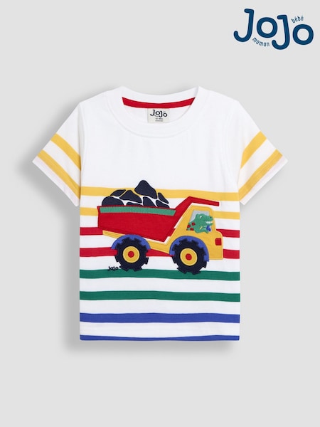 JoJo Maman Bébé Multi Stripe Construction Appliqué T-Shirt (AU2225) | £16 - £19