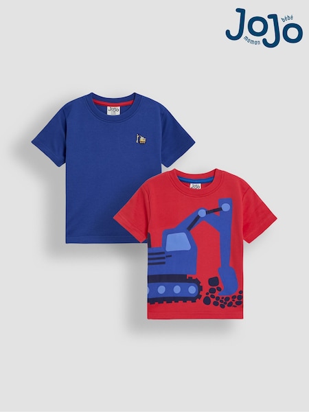 JoJo Maman Bébé Red Construction 100% Cotton Graphic Printed & Plain T-Shirts 2 Pack (AU2229) | £20 - £23