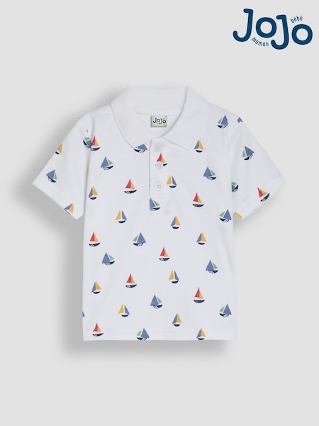 JoJo Maman Bébé White Sailboat Embroidered Polo Shirt (AU2235) | £17 - £20