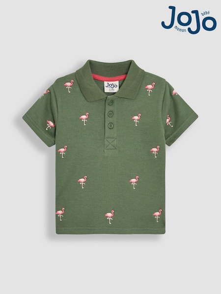 JoJo Maman Bébé Khaki Flamingo Embroidered Polo Shirt (AU2239) | £17 - £20