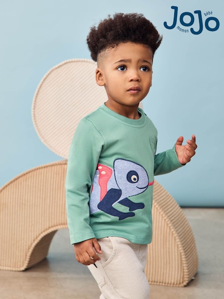 JoJo Maman Bébé Khaki Chameleon 100% Cotton Appliqué Top (AU2240) | £17 - £20