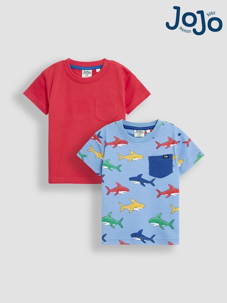JoJo Maman Bébé Blue Shark 100% Cotton Printed & Plain T-Shirts 2 Pack (AU2242) | £20 - £23