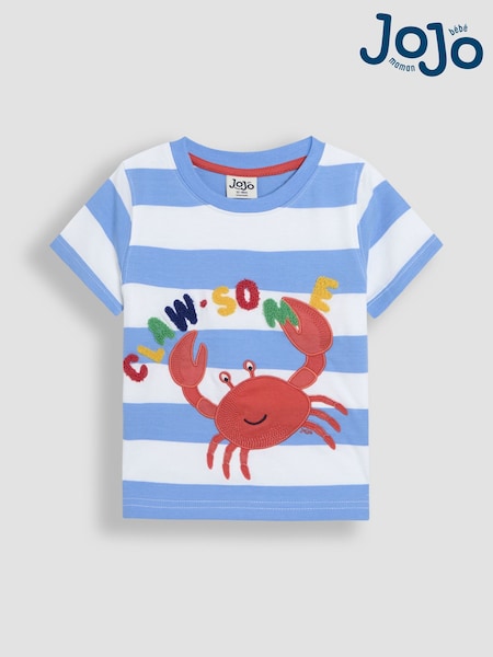 JoJo Maman Bébé Blue Stripe Crab Appliqué T-Shirt (AU2246) | £16 - £19