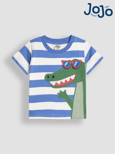 JoJo Maman Bébé Blue Stripe Crocodile Interactive Appliqué T-Shirt (AU2249) | £16 - £19