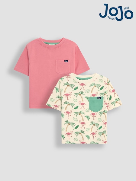 JoJo Maman Bébé Ecru Flamingo 2-Pack Printed & Plain T-Shirts (AU2251) | £20 - £23