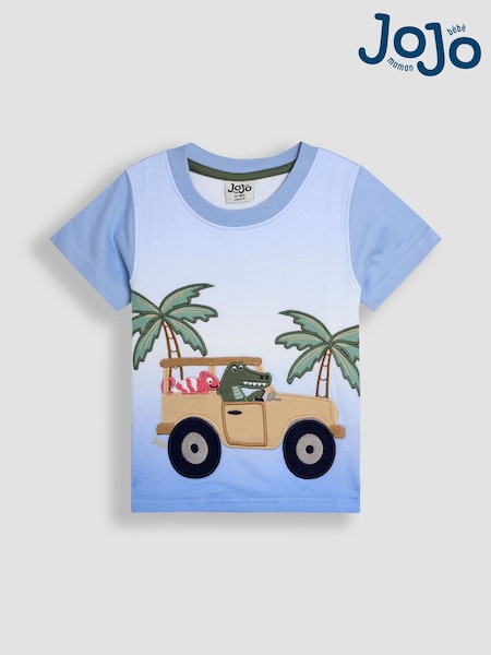 JoJo Maman Bébé Blue Tropical Jeep Appliqué Ombre 100% Cotton T-Shirt (AU2255) | £16 - £19