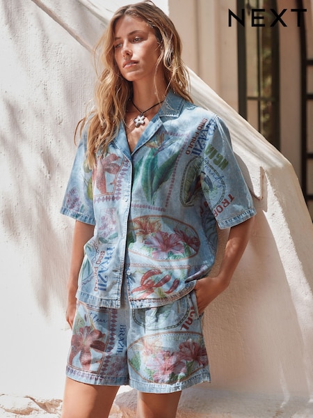 Postcard Print 100% Cotton Lightweight Denim Short Sleeve Shirt (AU2296) | £38
