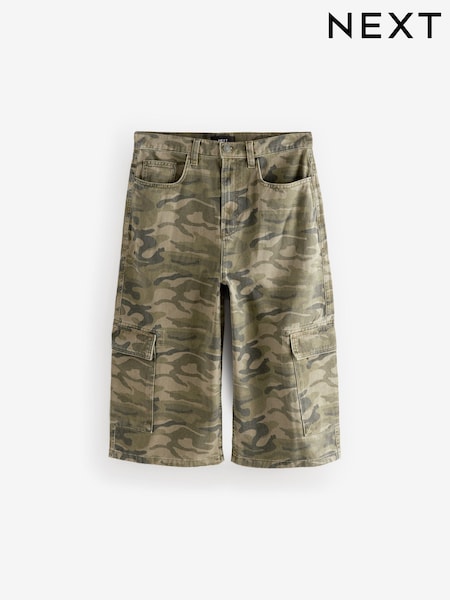 Camo Print Longline Jort Denim Shorts (AU2313) | £40