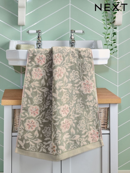 Sage Green Floral Print 100% Cotton Towel (AU2317) | £10 - £20