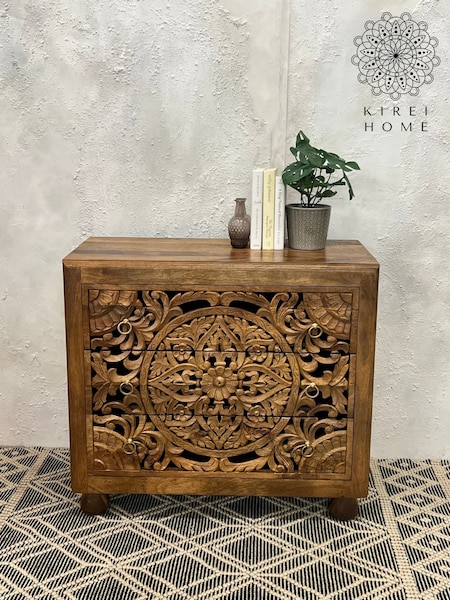 Kirei Home Natural Hand Carved Patterned 3 Drawer Chest (AU2376) | £495