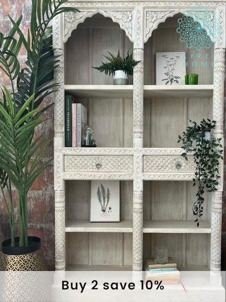 Kirei Home White Large Hand Carved Indian Bookcase (AU2381) | £825
