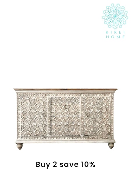 Kirei Home White Floral Hand Carved Mango Wood Sideboard (AU2383) | £895