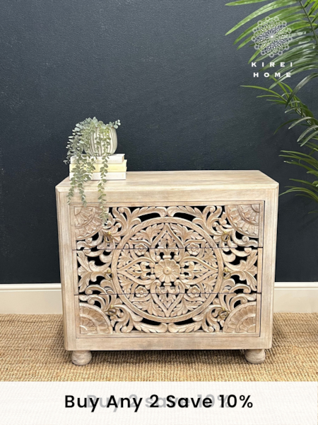 Kirei Home White Hand Carved Patterned 3 Drawer Chest (AU2384) | £495