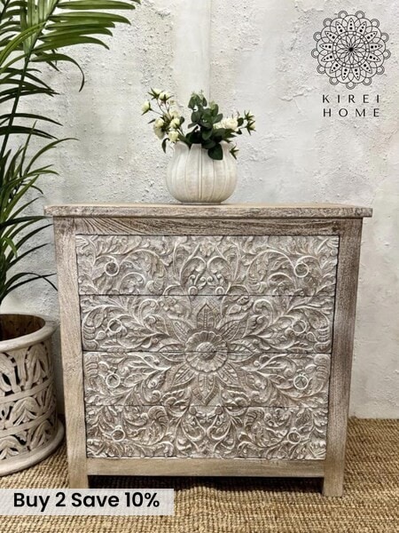Kirei Home Cream Hand Carved Mango Wood 4 Drawer Chest (AU2386) | £545
