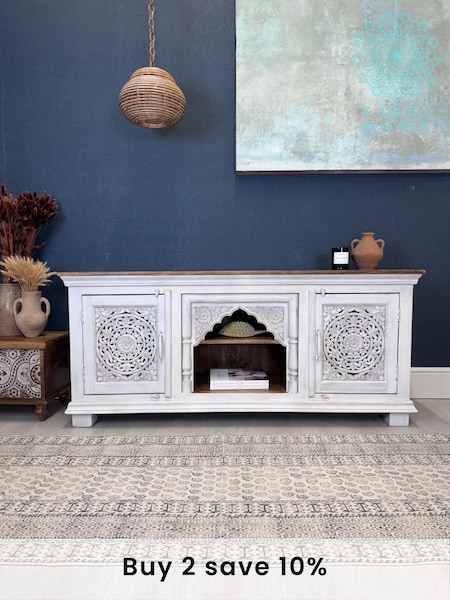Kirei Home White Hand Carved Mango Wood TV Unit / Sideboard (AU2387) | £595