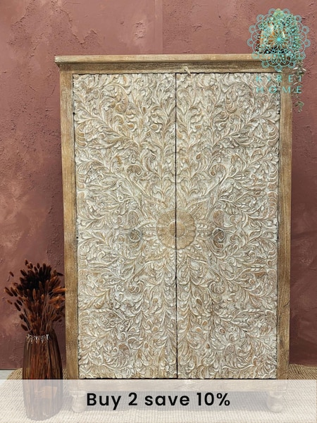 Kirei Home Cream Hand Carved Mango Wood Double Wardrobe (AU2388) | £925