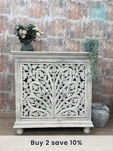 Kirei Home White Hand Carved Floral 2 Door Sideboard (AU2389) | £595
