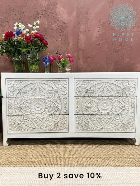 Kirei Home White Hand Carved Patterned 6 Drawer Chest (AU2391) | £825