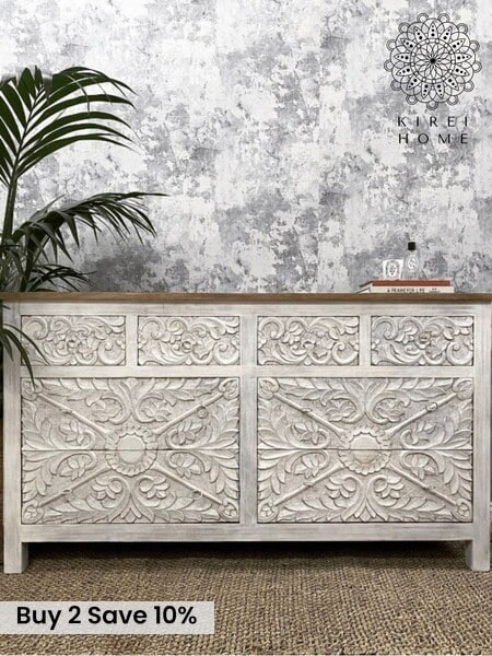 Kirei Home White Hand Carved Mango Wood 8 Drawer Chest (AU2401) | £895