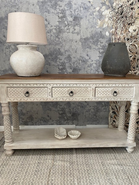 Kirei Home White Hand Carved 3 Drawer Console Table (AU2403) | £595