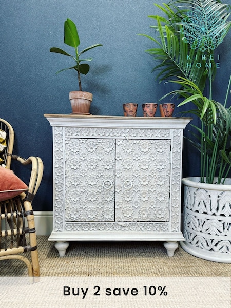 Kirei Home White Hand Carved Petal Design 2 Door Sideboard (AU2404) | £495