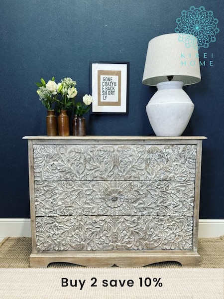 Kirei Home Cream Large Hand Carved 3 Drawer Chest (AU2406) | £645