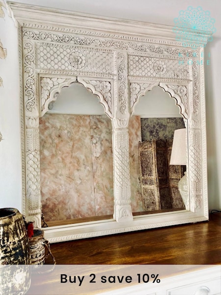 Kirei Home White Indian 2 Arch Mango Wood Mirror (AU2409) | £425