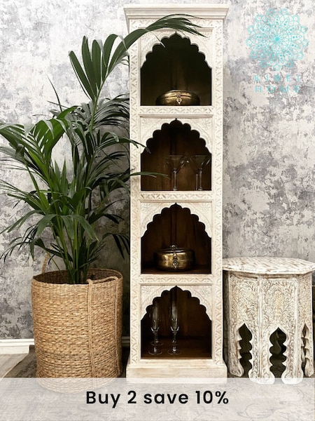 Kirei Home White Tall Hand Carved Mango Wood Bookcase (AU2411) | £595