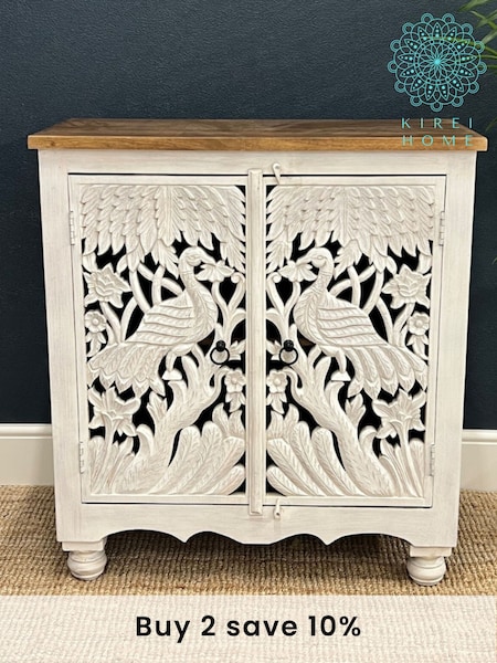 Kirei Home White Hand Carved Mango Wood Peacock Sideboard (AU2414) | £645